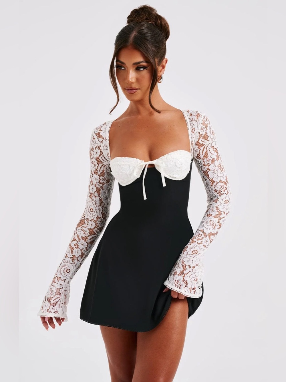 BABYBOO Jacinta Mini Dress Small Black White Lace Flare Sleeves Milkmaid Party